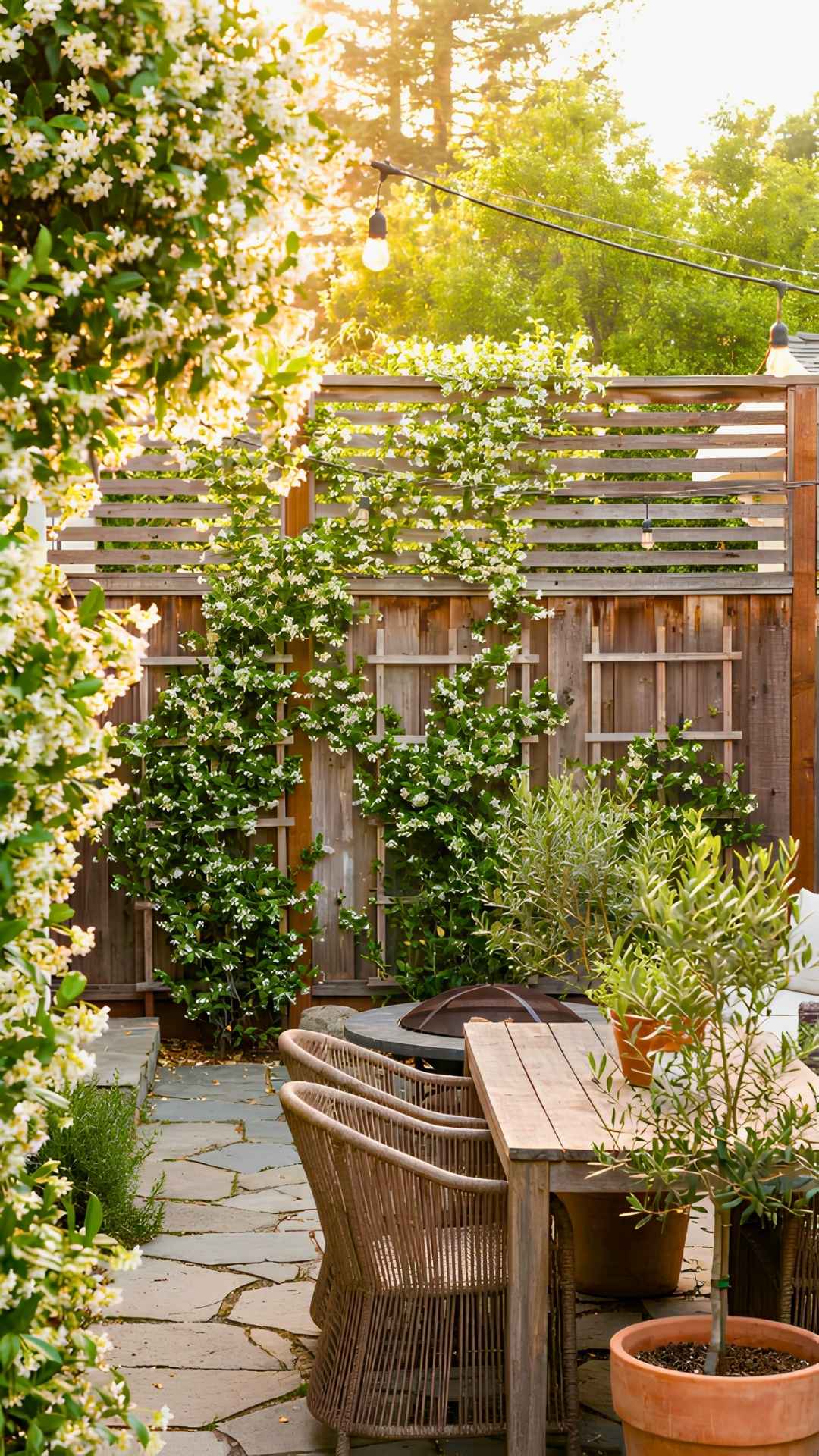 Wood Slat Trellis Fence With Climbing Jasmine