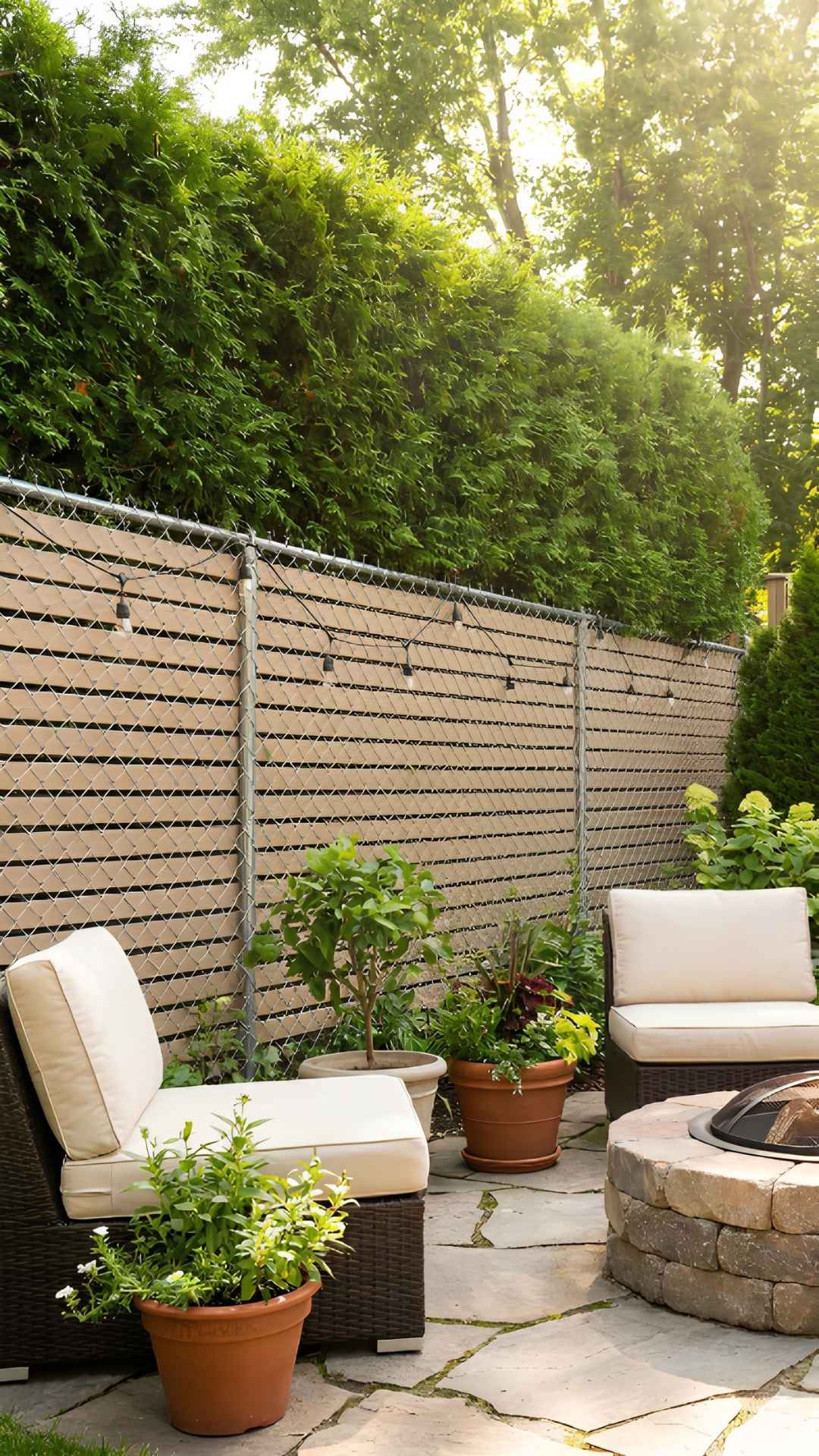 Chain-Link Fence With Privacy Slats And Green Hedge Layer