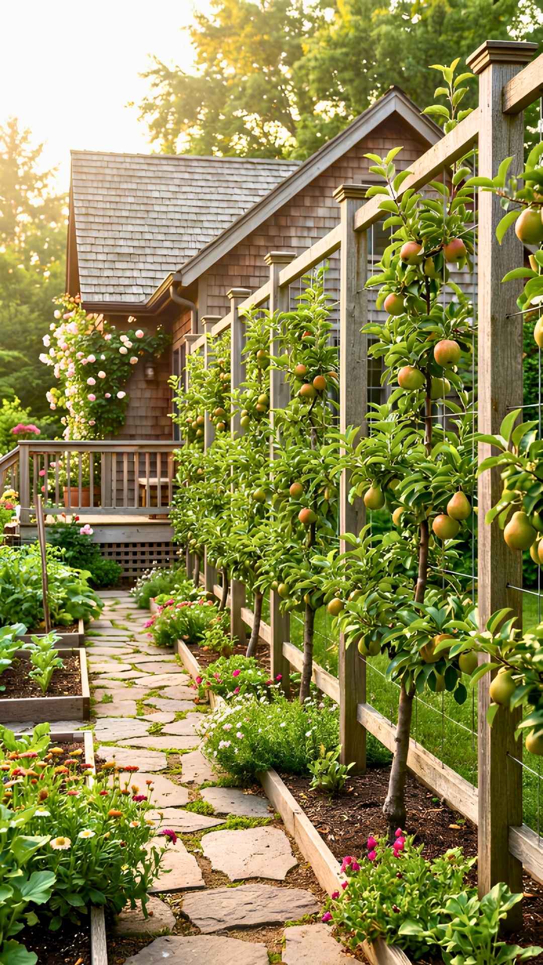 Espalier Fruit Tree Fence Along A Wire Support System