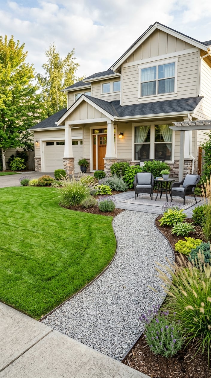 Front yard with a pea gravel path leading to a small patio area surrounded by low-maintenance plants and a green lawn.