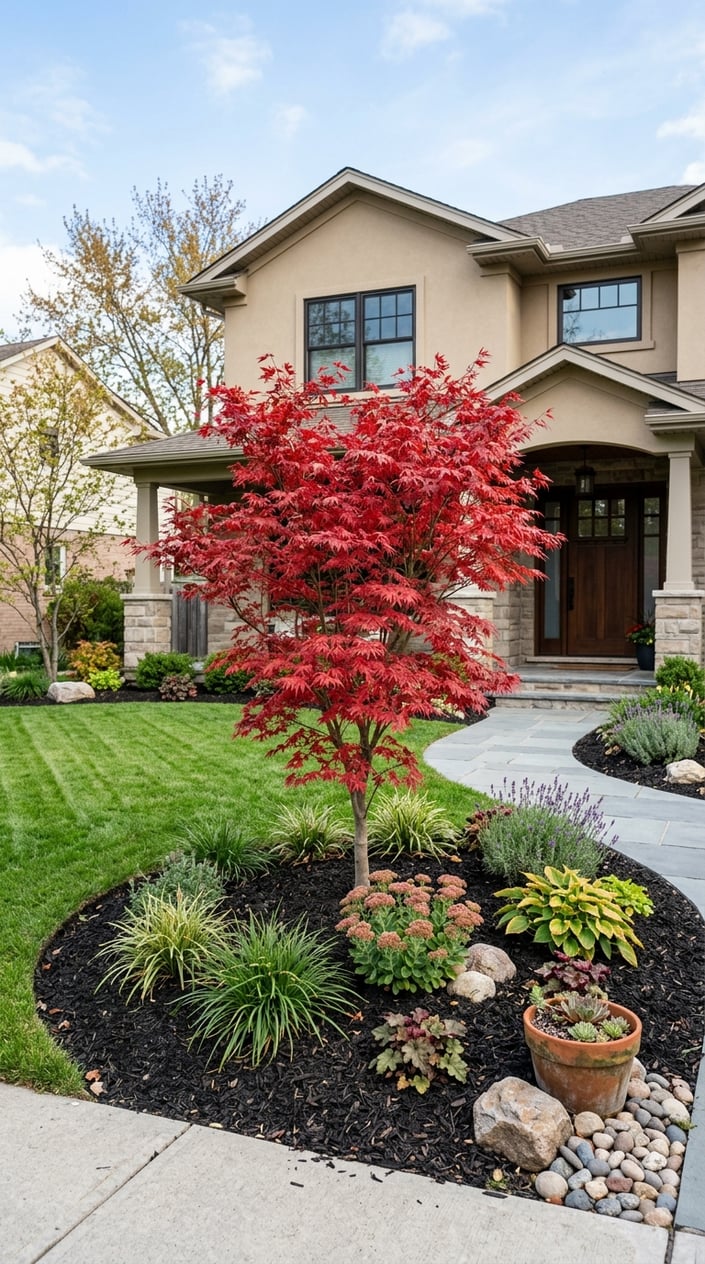 Front yard with a Japanese maple tree surrounded by low-maintenance plants and a green lawn in front of a modern house.