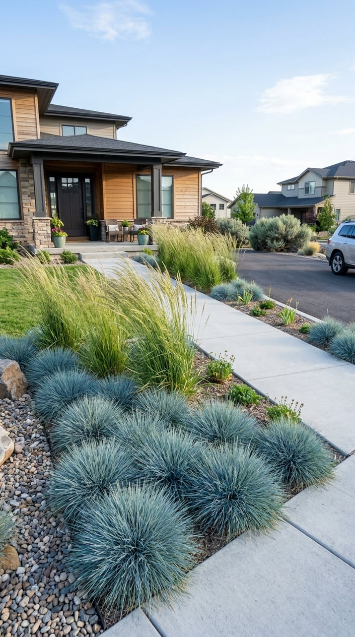 Front lawn with blue fescue and switchgrass grasses in front of a modern suburban home.
