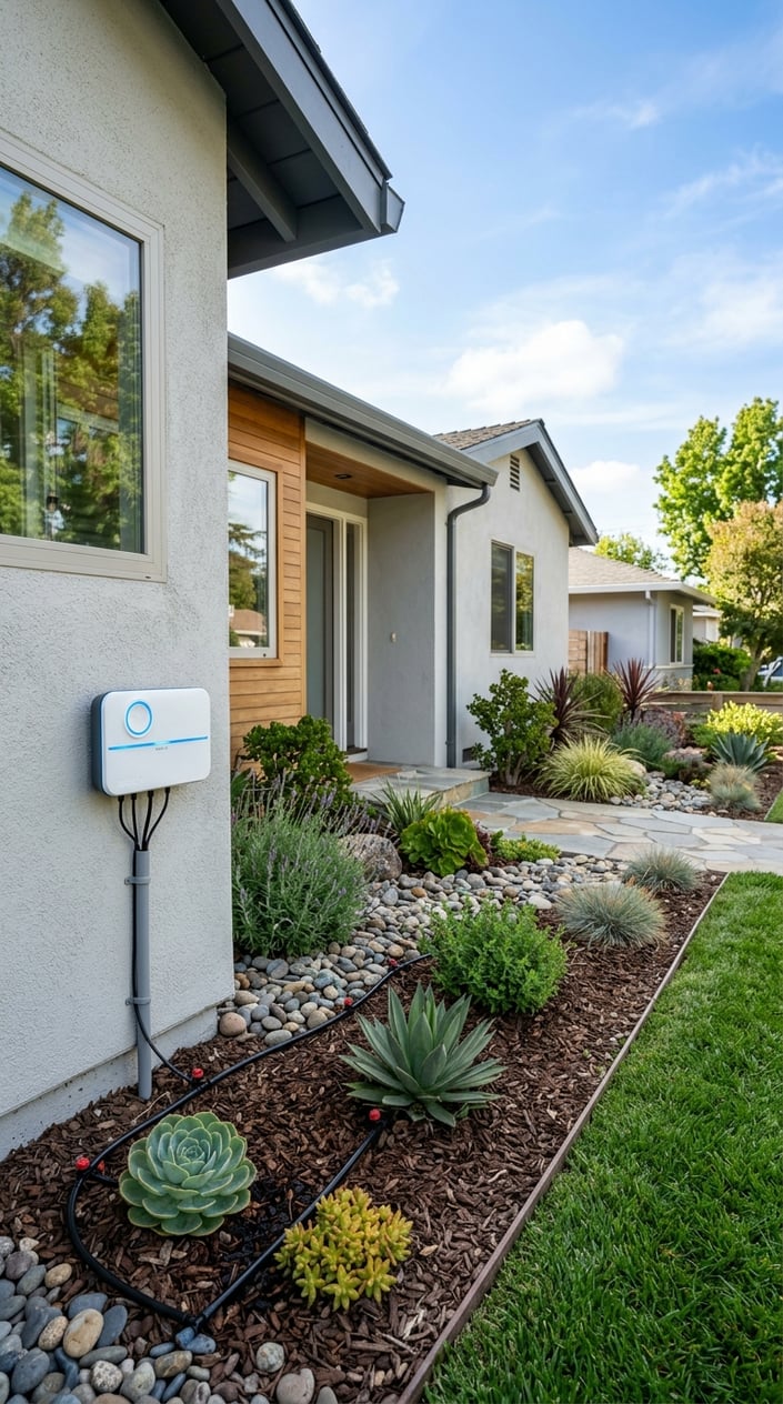 A front lawn with drip irrigation and a smart sprinkler controller mounted on a house wall surrounded by drought-resistant plants and mulch.