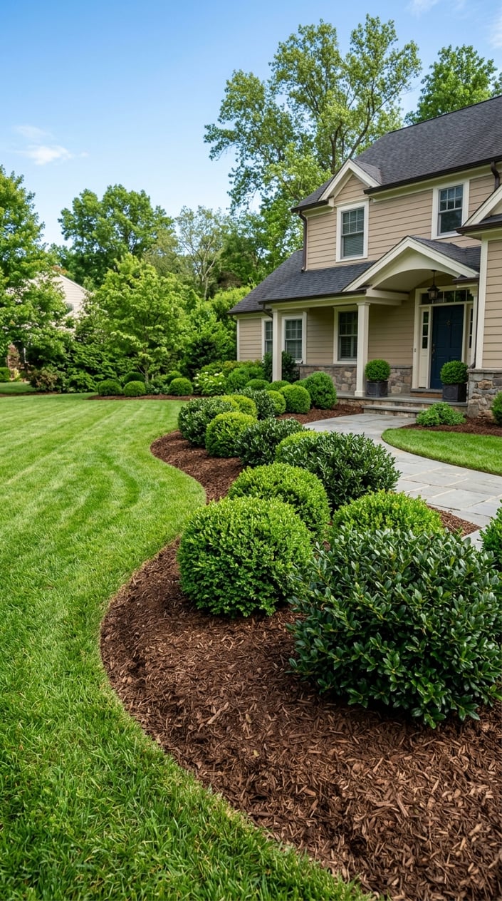 A front lawn with mulched shrub borders containing boxwood and inkberry holly plants next to a green grassy area.
