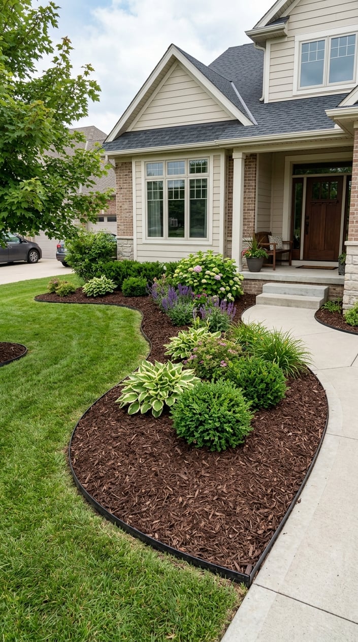 Front lawn garden bed covered with shredded hardwood mulch surrounded by green plants in front of a suburban house.
