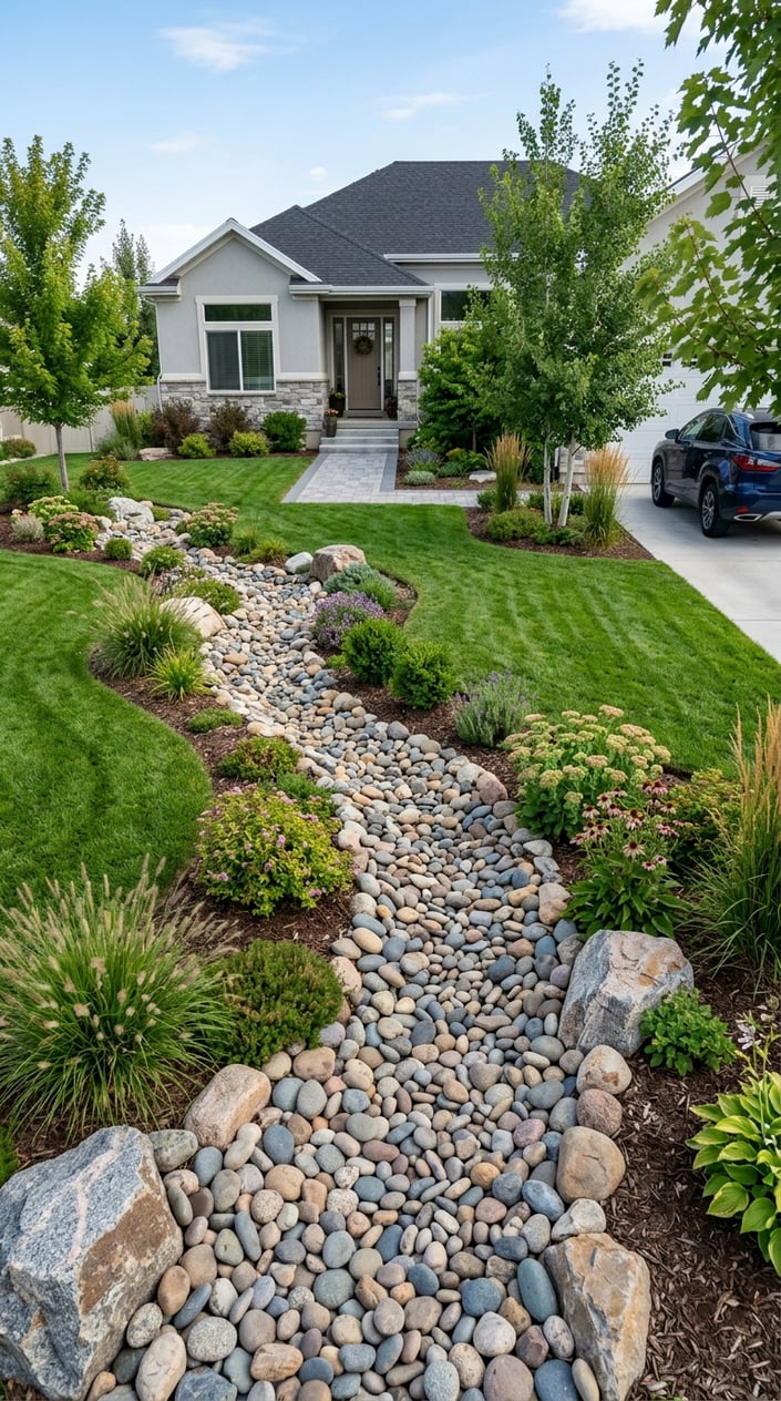 A front lawn with a winding dry creek bed made of river rocks surrounded by green grass and plants in front of a modern house.