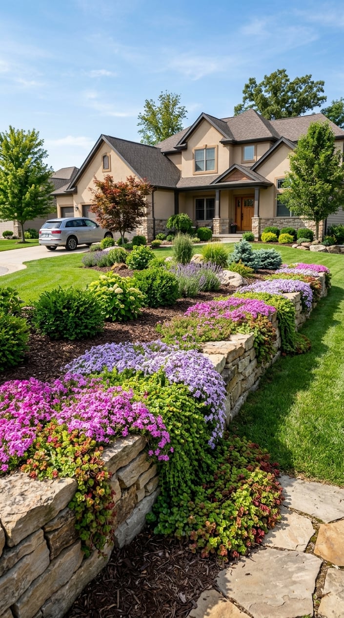 Sunny front yard with a stone retaining wall covered in green creeping phlox and sedum plants, with a lawn and a house in the background.