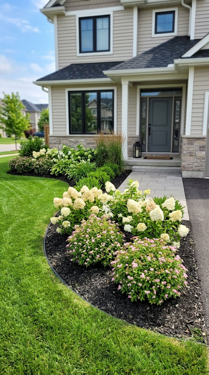 A front yard with a green lawn and a planting bed containing dwarf hydrangea and spirea shrubs in front of a house.