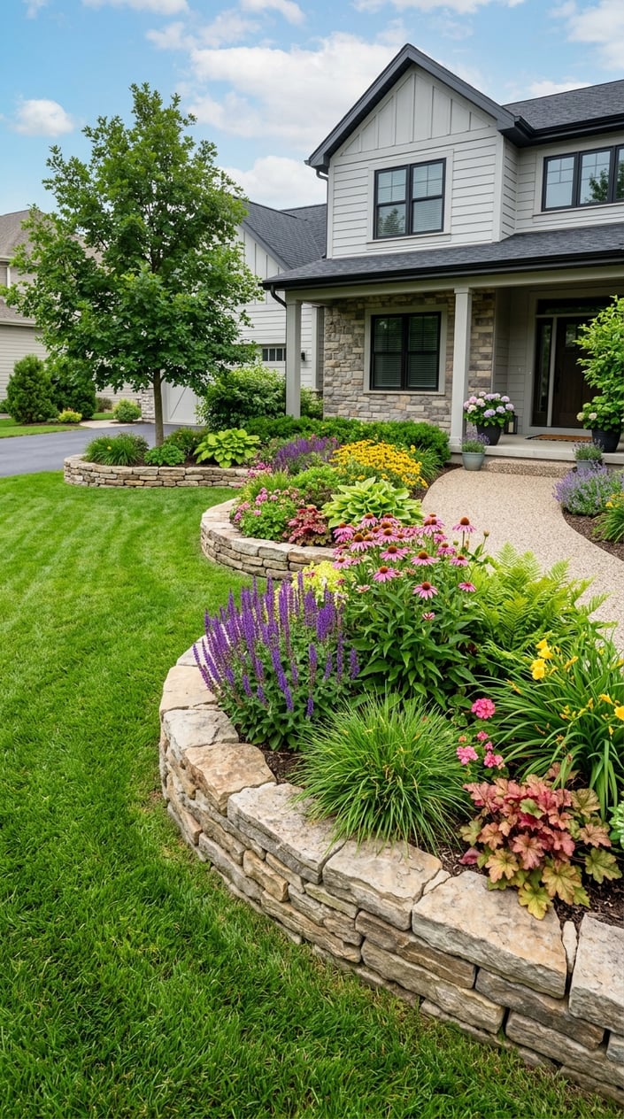 Front lawn with raised natural stone garden beds containing green plants and colorful flowers in front of a suburban home.