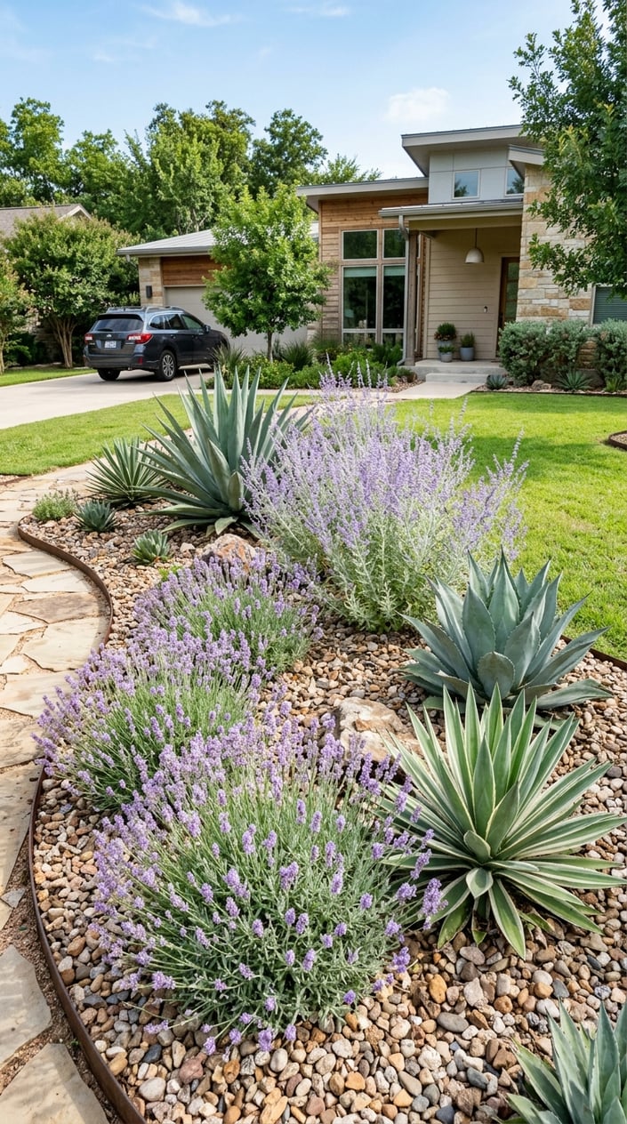 A front yard garden bed with lavender, Russian sage, and agave plants surrounded by gravel mulch in front of a suburban house.