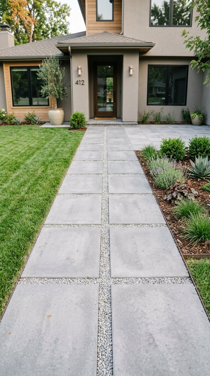 Front lawn with large concrete pavers separated by gravel joints leading to a house entrance, surrounded by grass and plants.