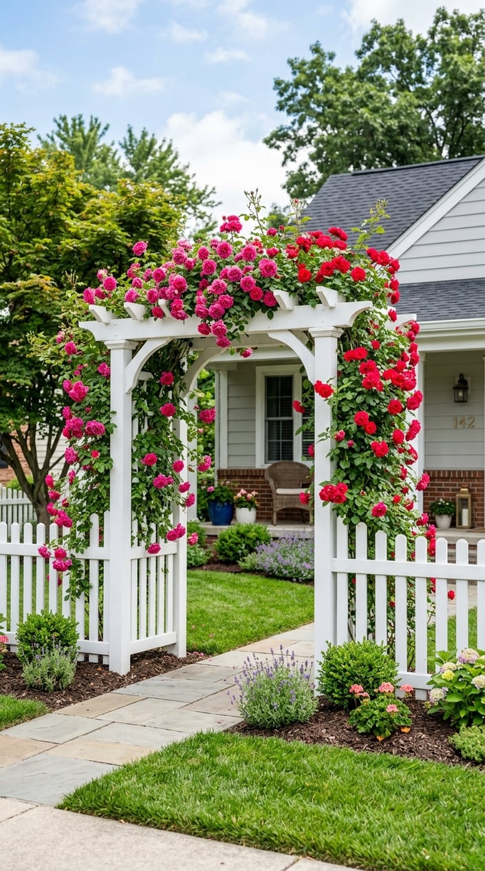 Front yard with climbing roses blooming on a white arbor attached to a fence beside a neatly trimmed lawn.