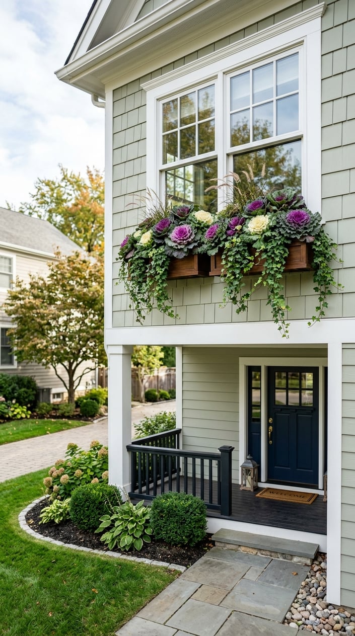 Front porch window boxes filled with ornamental kale and creeping ivy on a well-kept house with a tidy front lawn.