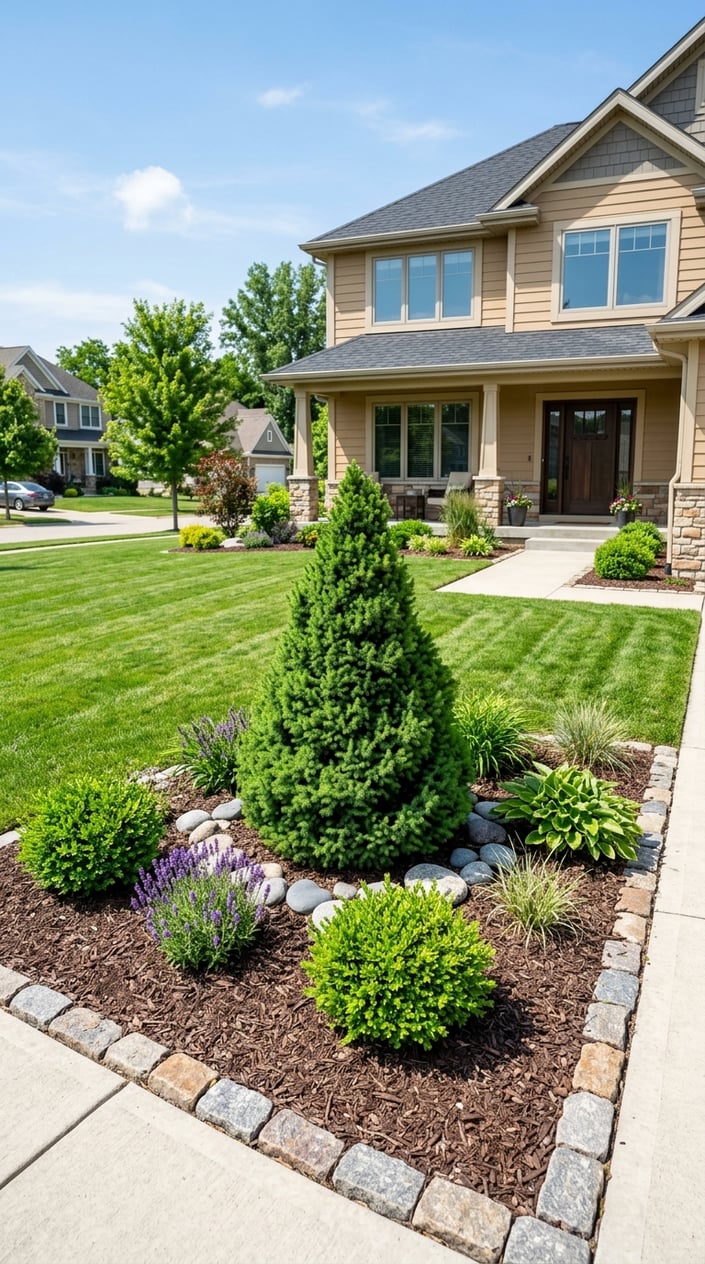 Front lawn with a dwarf Alberta spruce surrounded by low-maintenance plants and a modern house in the background.