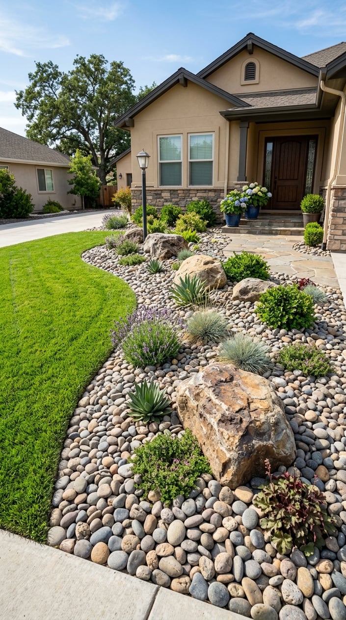 Front lawn with narrow grass strips replaced by river rocks and large boulders next to a suburban house.