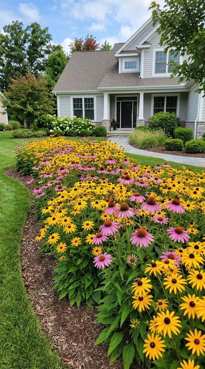 A colorful front lawn garden densely planted with yellow Black-Eyed Susans and purple-pink Coneflowers surrounded by green grass and a house in the background.