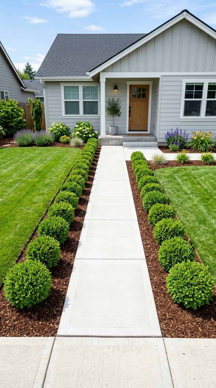 A straight walkway lined with small green boxwood shrubs and dark mulch on both sides in a small front yard.