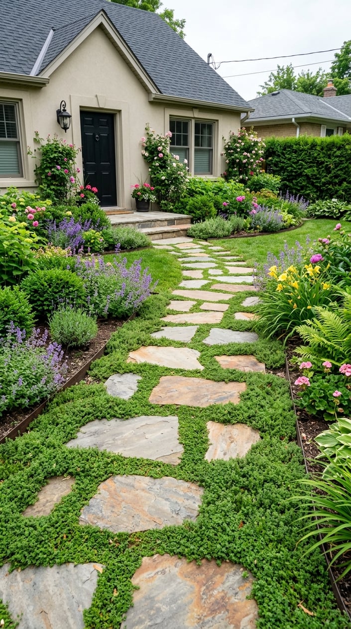 A small front lawn with flagstone pavers and green creeping thyme growing between the stones, surrounded by shrubs and flowering plants.