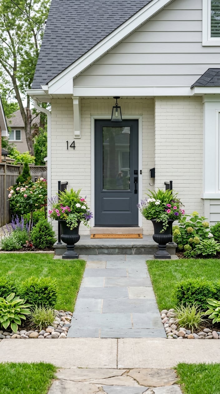 Small front yard with a modern door framed by two black urn planters filled with green plants and flowers.
