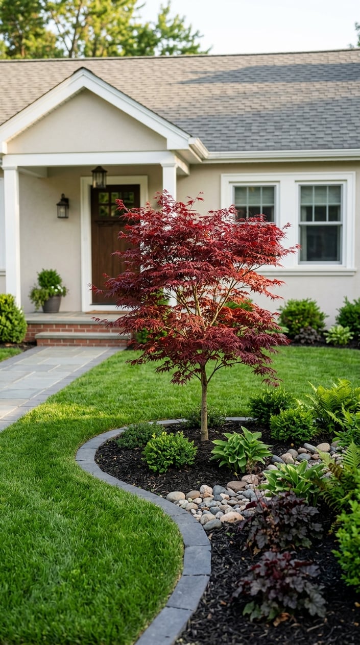 A small front lawn with a single Japanese maple tree in the center, surrounded by green grass and low shrubs, in front of a modest house.