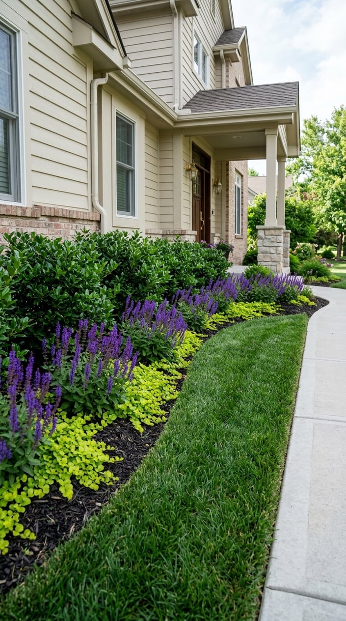Small front lawn with layered plants including Inkberry Holly, purple Salvia flowers, and green Creeping Jenny along the house foundation.