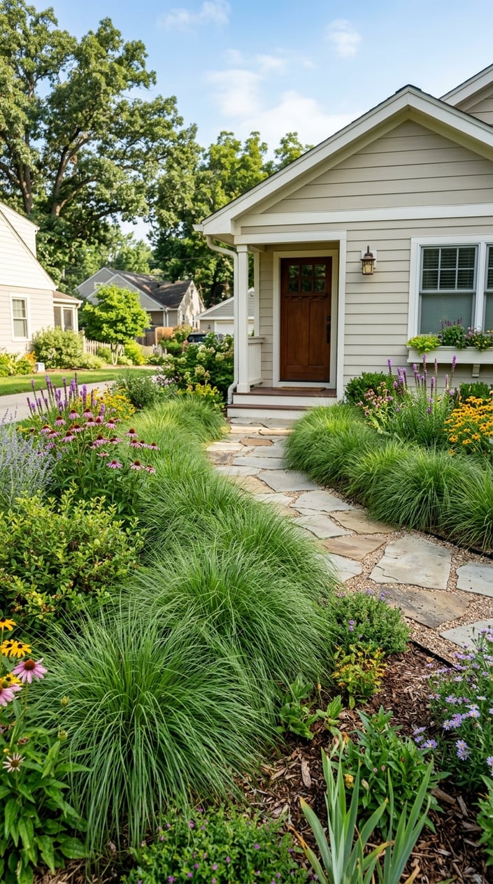Small front yard with a tidy native prairie dropseed grass border and wildflowers along a clean walkway in front of a modest house.