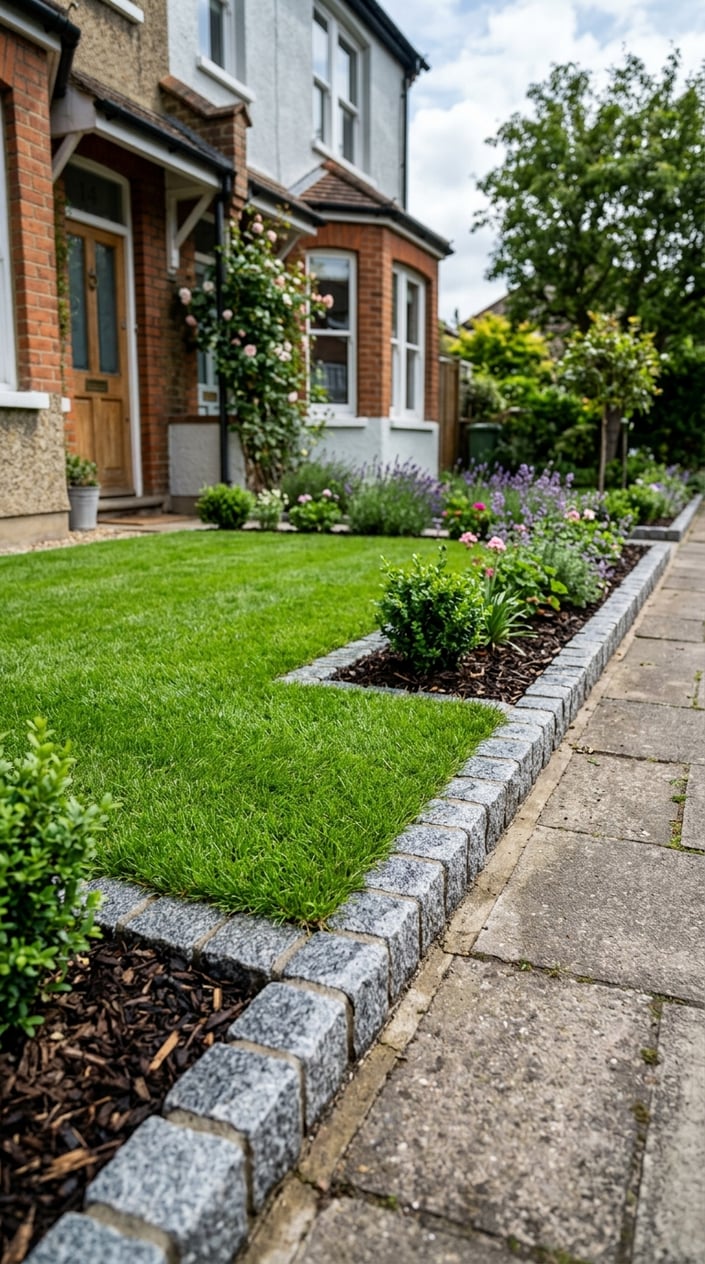 A small front lawn with a neat border made of granite setts edging the grass, showing a tidy and polished yard.