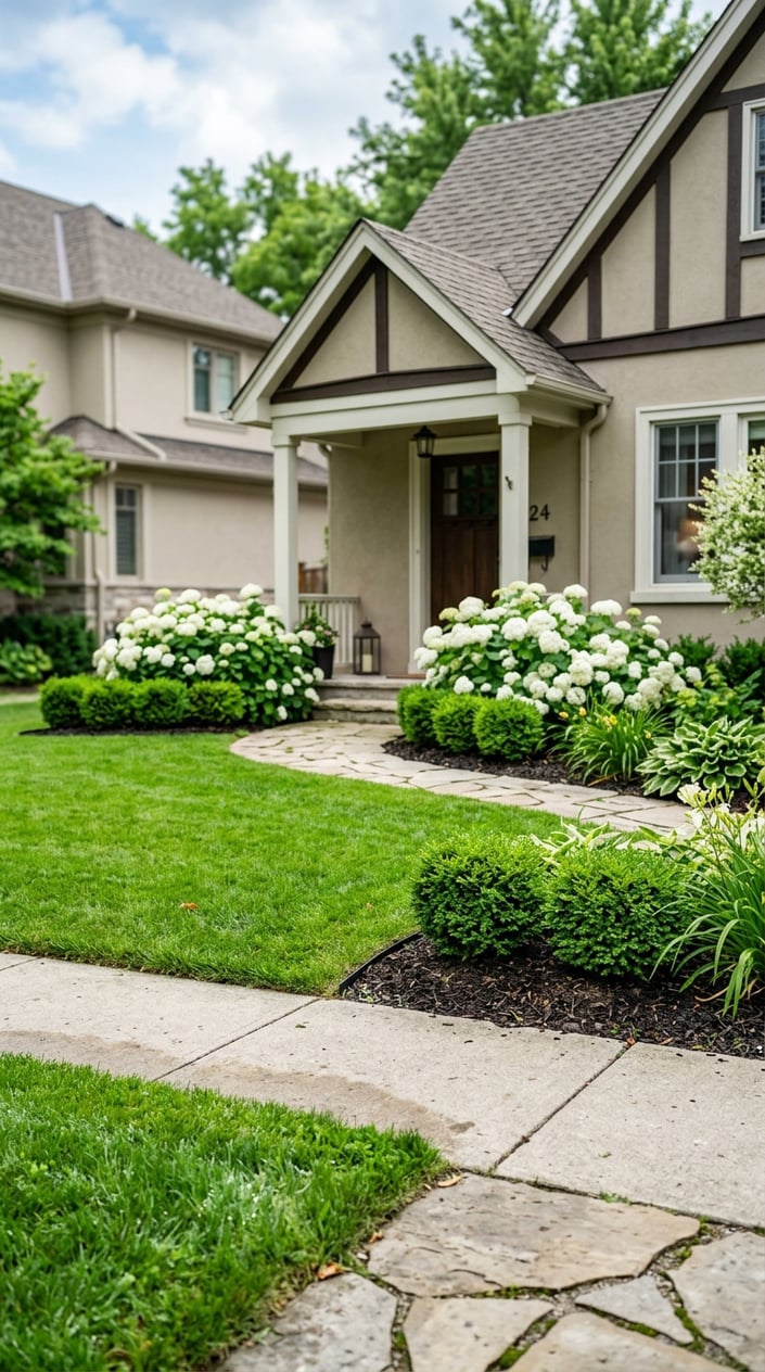Small front lawn with white hydrangea bushes and neatly trimmed boxwood shrubs next to a house entrance.