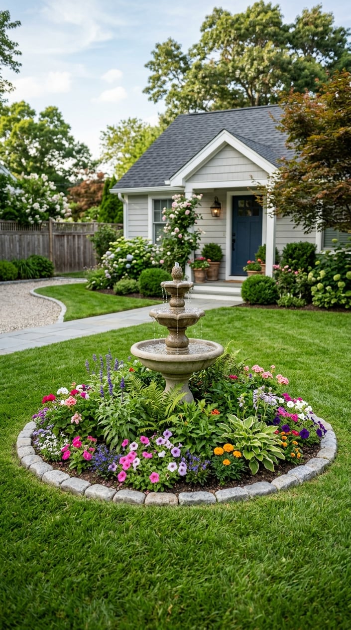 A small tiered fountain in the center of a circular planting bed surrounded by green plants and flowers on a tiny front lawn with a house in the background.