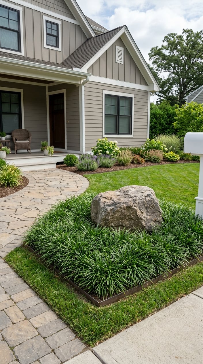 Small front yard with mondo grass planted around a large boulder next to a walkway in front of a house.