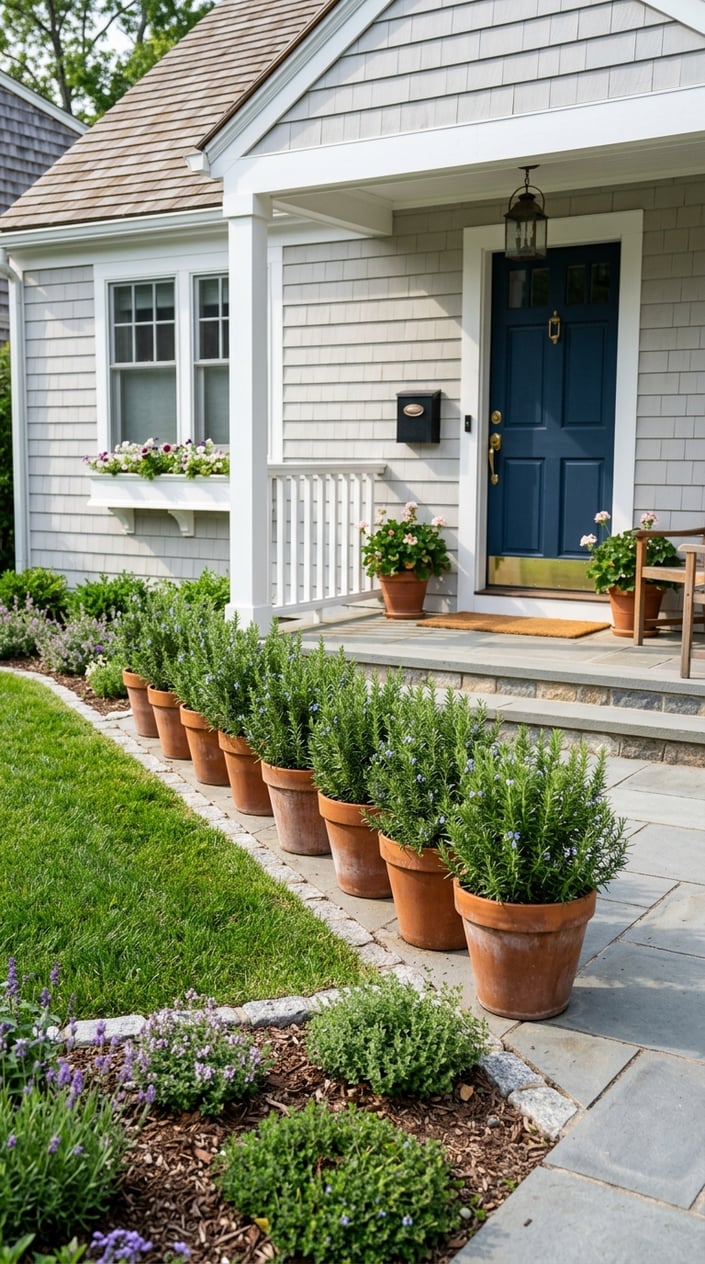 Small front lawn with a row of terra-cotta pots filled with rosemary plants lining the porch.