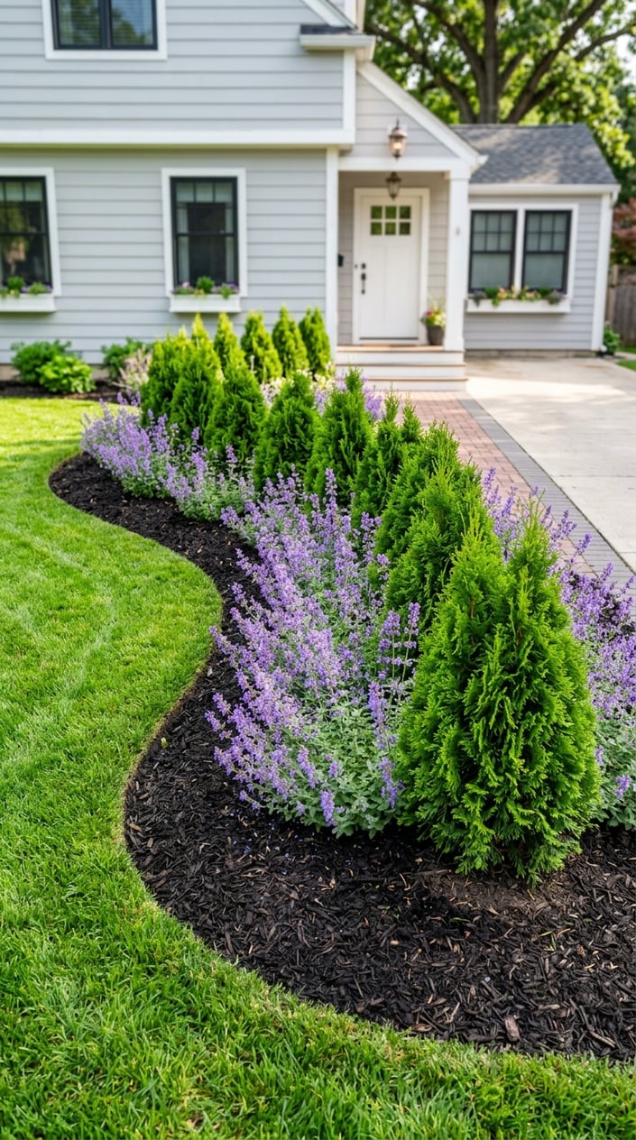 A small front yard with a curved garden bed containing arborvitae, catmint flowers, and shredded bark mulch surrounded by green grass.