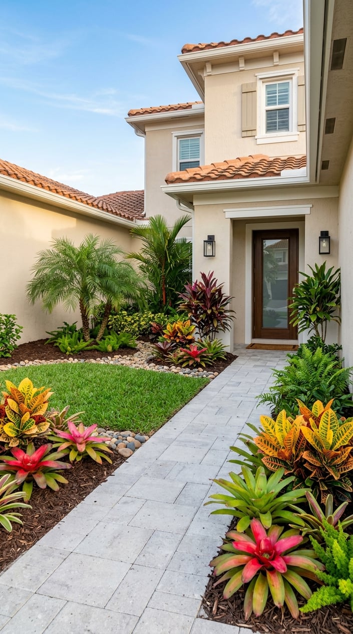 A small front yard with colorful bromeliads and croton plants lining a pathway to a house entrance.
