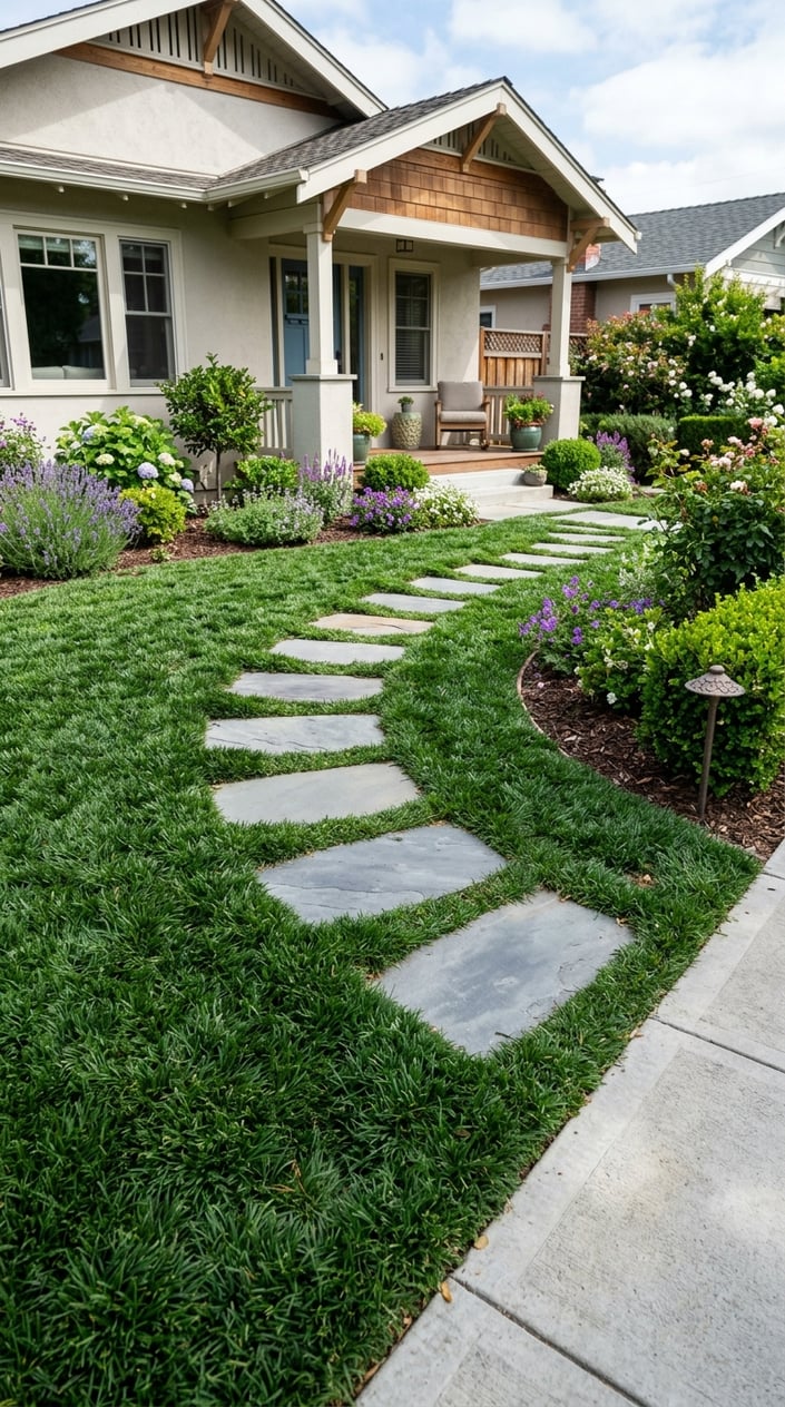 A small front lawn with stepping stones placed through dense green dwarf mondo grass surrounded by small shrubs.