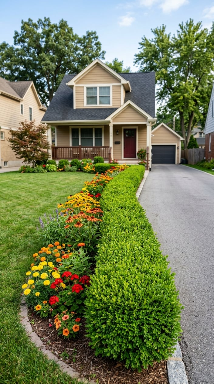 Small front lawn with a low evergreen hedge along the driveway and colorful seasonal flowers.