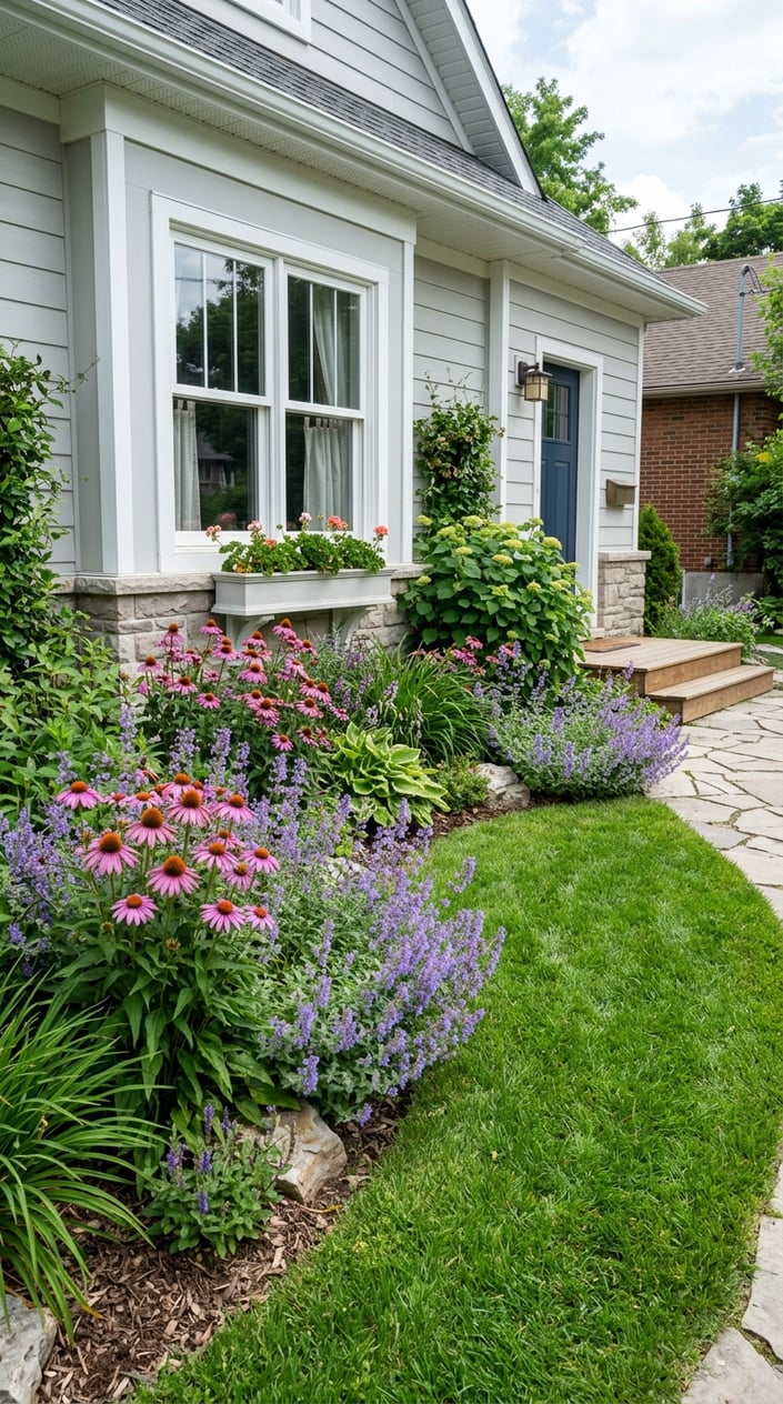 A small front lawn with a flower bed under a window, filled with purple coneflowers and blue-purple Nepeta plants.