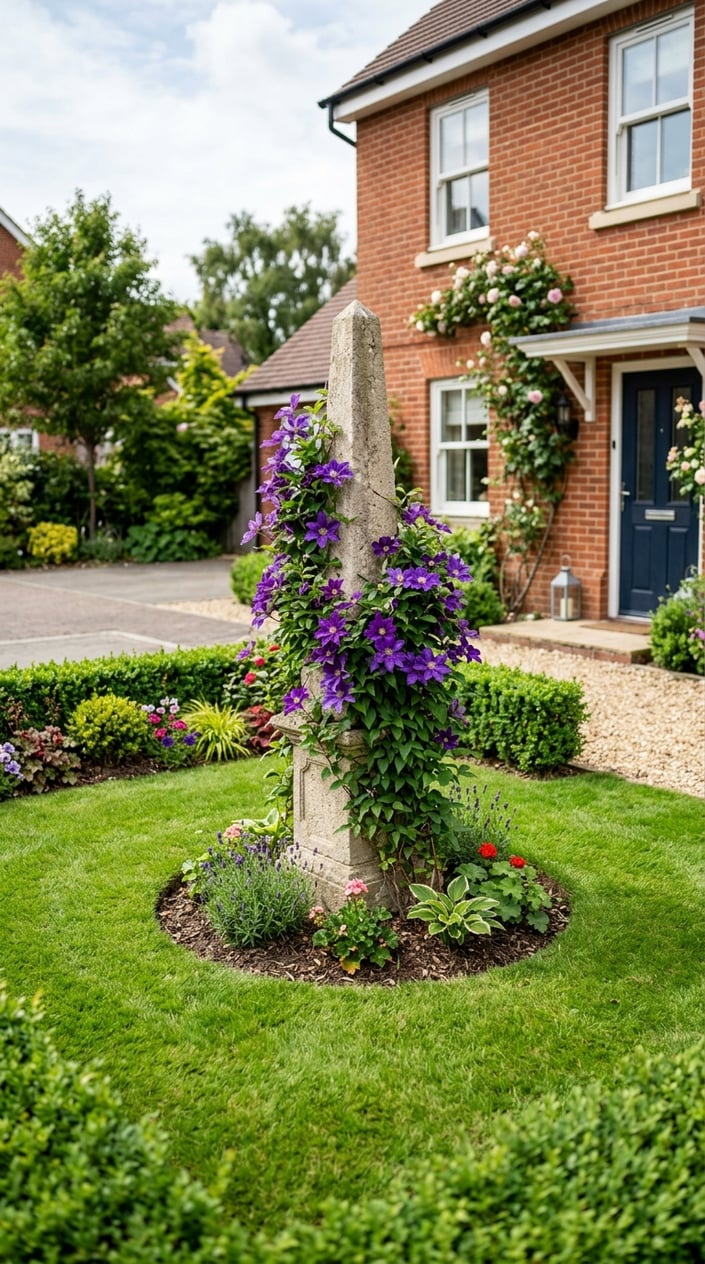 A small front lawn with a decorative stone obelisk wrapped in purple clematis vines surrounded by green grass and plants.