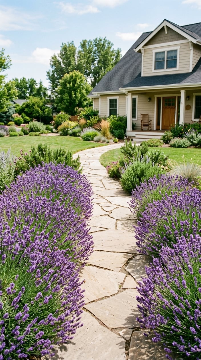 A walkway bordered by dense blooming lavender plants on both sides in a sunny front yard.