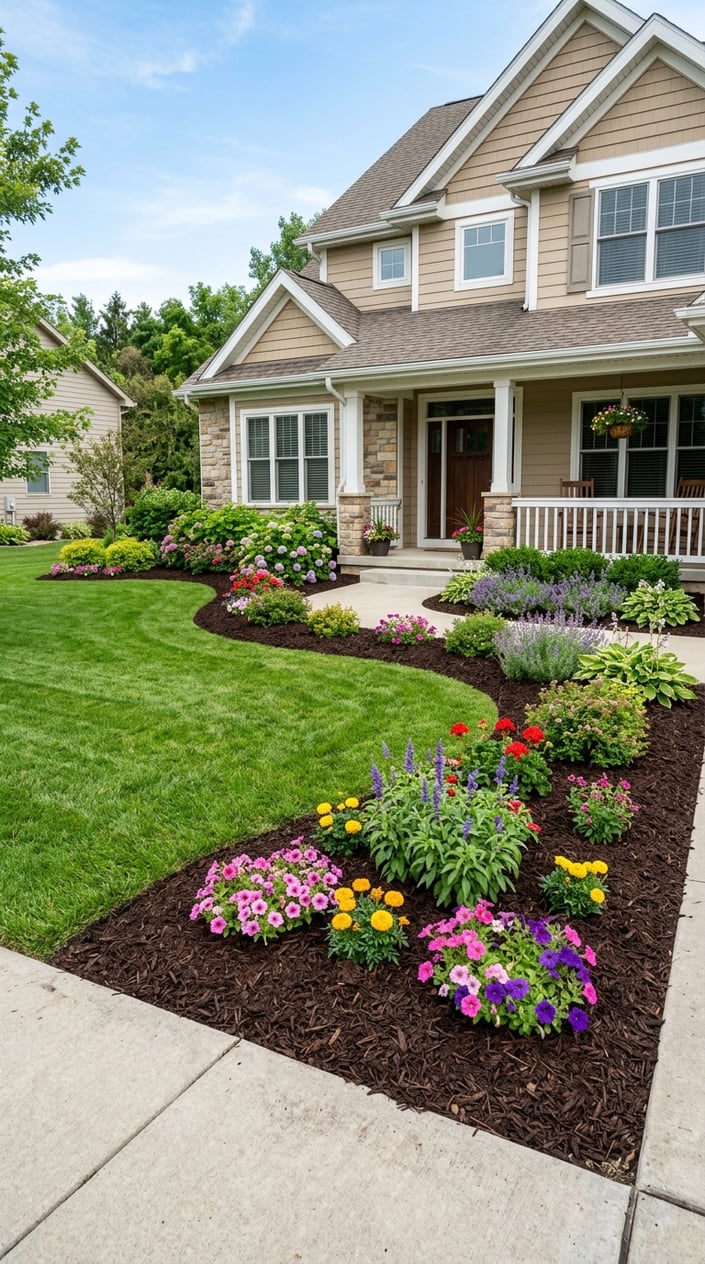 A front lawn with freshly mulched garden beds, green grass, colorful flowers, and a suburban house in the background.