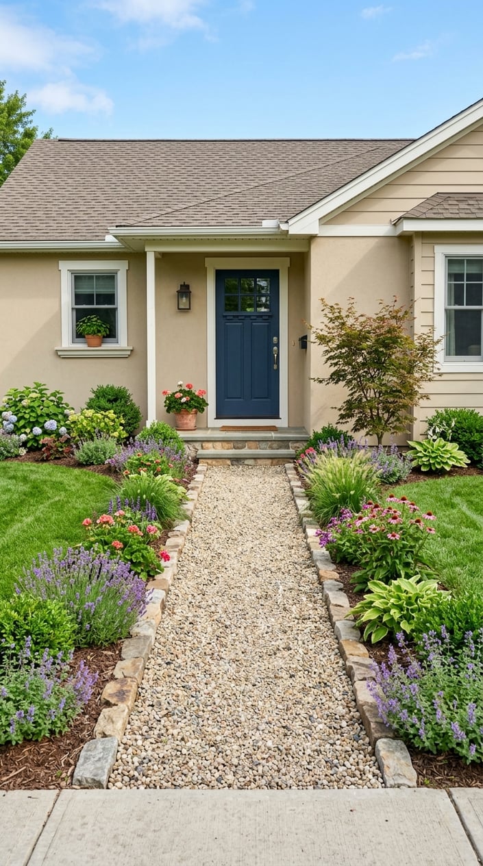 A front yard with a pea gravel walkway leading to a house entrance, bordered by green grass and various plants.