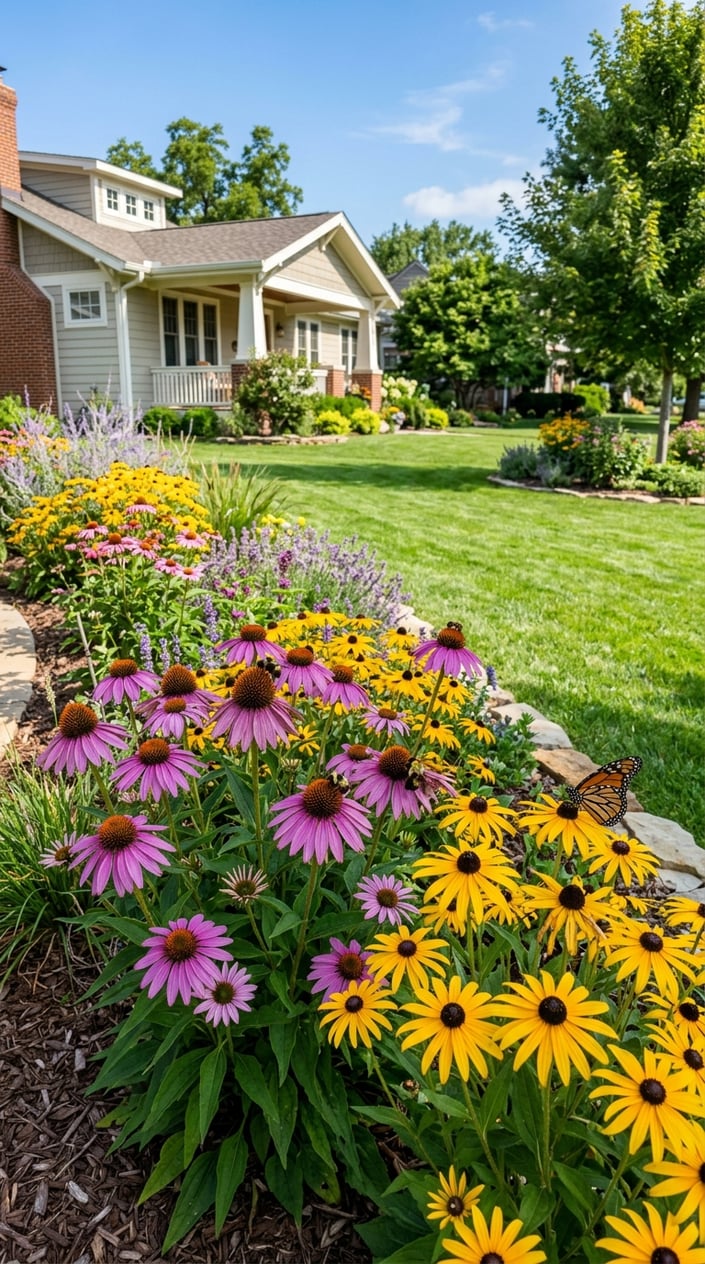 A sunny front lawn with blooming purple coneflowers and yellow black-eyed Susans attracting bees and butterflies.