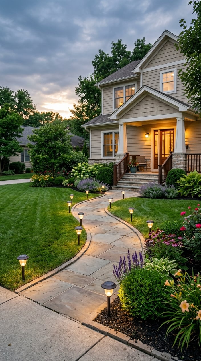 A front lawn with a curved walkway bordered by glowing solar path lights, surrounded by green grass and flowering plants leading to a house.