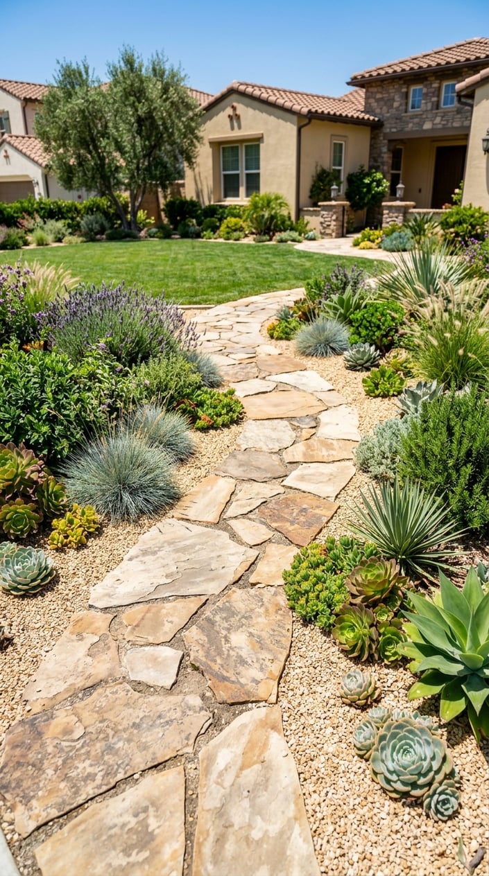 A winding flagstone path surrounded by gravel mulch and heat-tolerant plants in a sunny front yard.