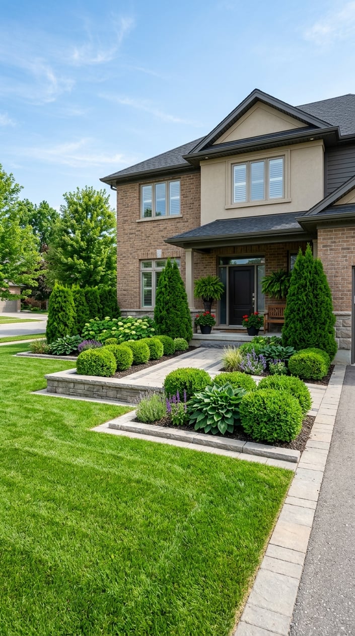 Front lawn with foundation planting beds containing green arborvitae and boxwood shrubs in front of a suburban house.