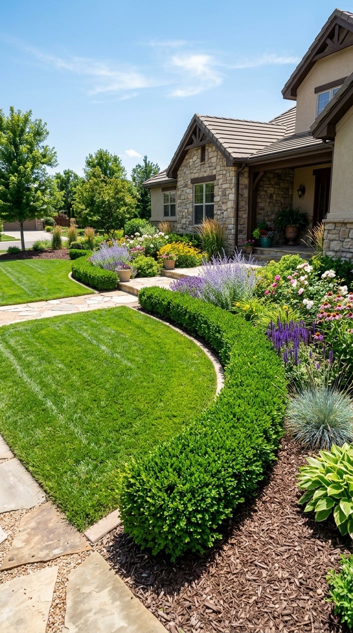 A front lawn edged with neatly trimmed dwarf boxwood shrubs, surrounded by sun-loving plants and vibrant greenery under bright sunlight.