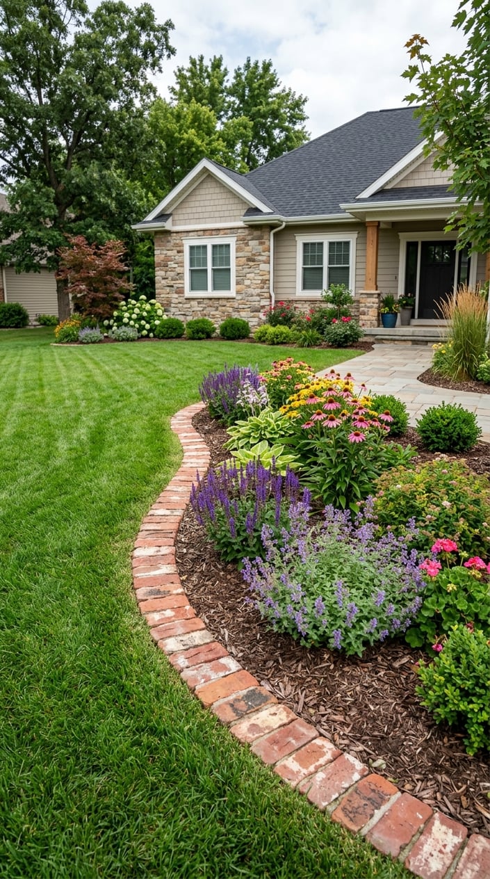 A front lawn with green grass bordered by curved reclaimed red bricks separating it from a flower bed with colorful flowers and shrubs in front of a suburban house.