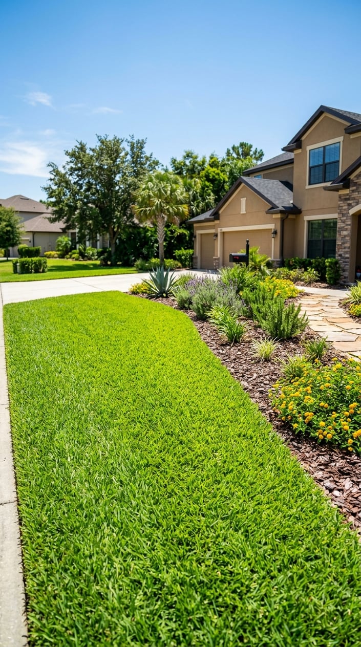 A sunny front yard with lush green Bermuda grass and heat-tolerant plants surrounding a modern house.