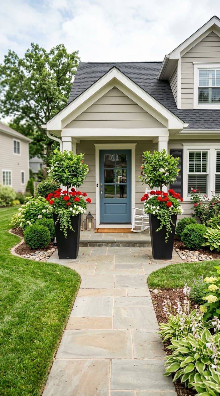 Front porch entrance with matching black planters filled with red geraniums on either side, surrounded by a well-kept green lawn and small shrubs.