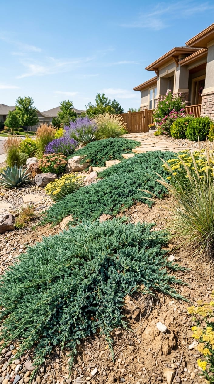 Front lawn with dense blue-green Blue Star Juniper ground cover on slopes and sunny dry soil patches.