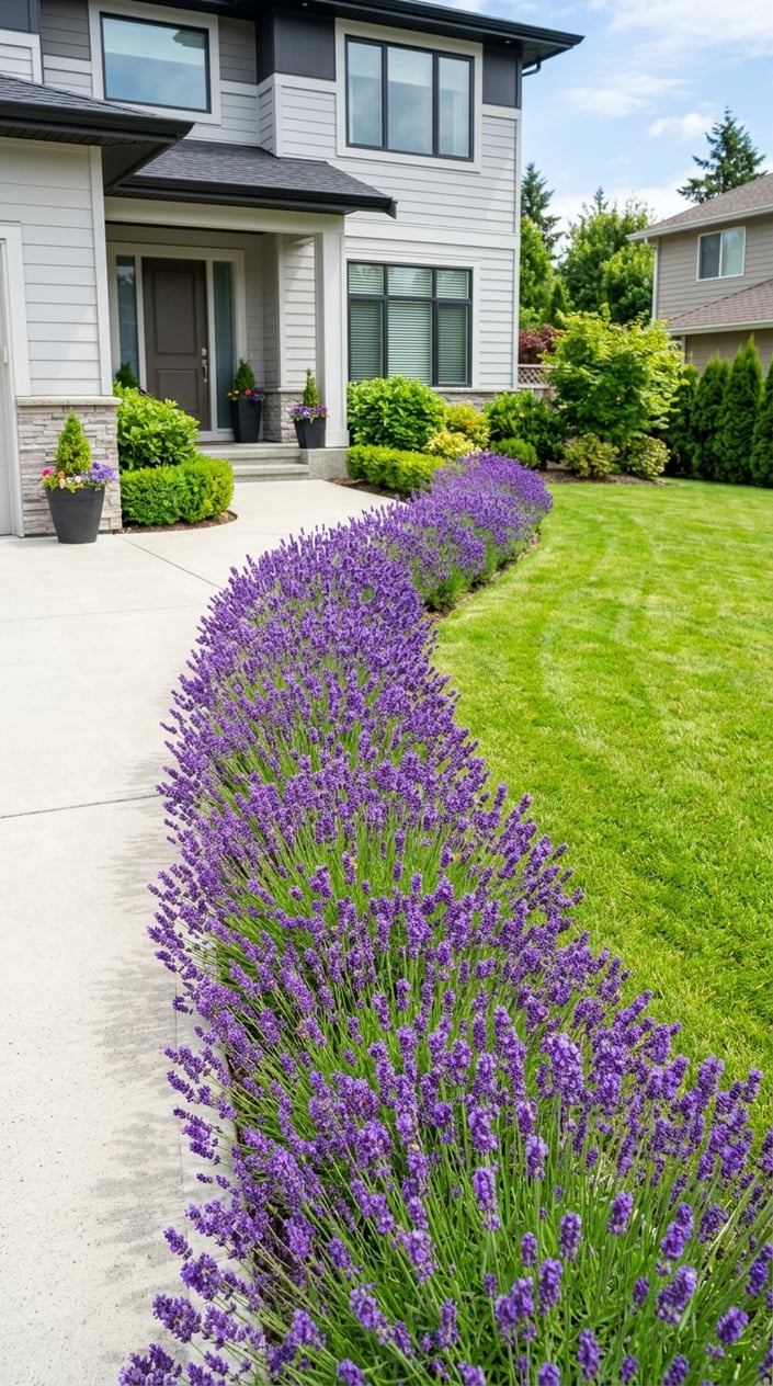 A front lawn with a strip of grass replaced by a border of blooming lavender plants next to a walkway in front of a house.